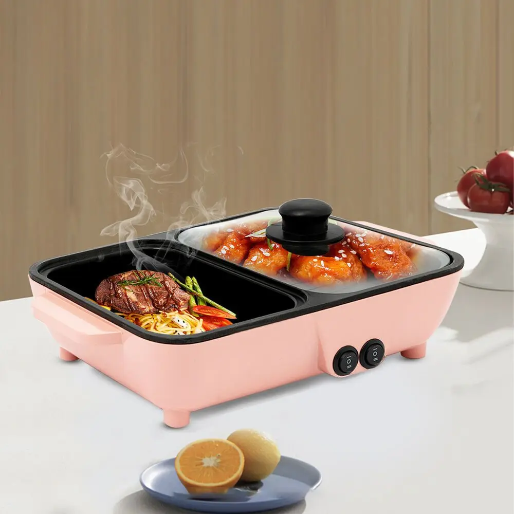

2 in 1 Portable Smokeless Electric Shabu Hot Pot BBQ Grill Non-stick Cooking Pan