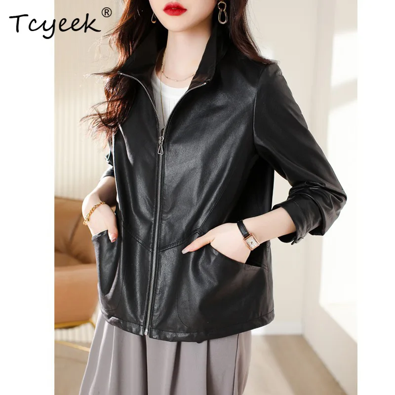 Tcyeek véritable peau De mouton printemps automne à la mode noir col montant femmes veste en cuir véritable Jaqueta De Couro légítimo Feminina