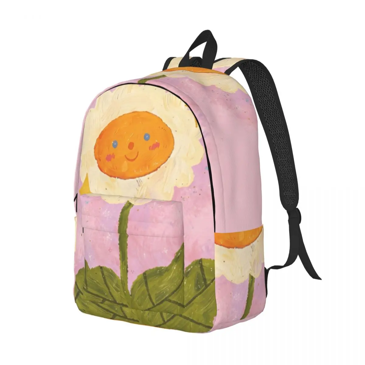 Heart School Backpack Center Smiling Daisy Whimsical Illustration Solid Pink Multi Color Lightweight Backpack for Spring School