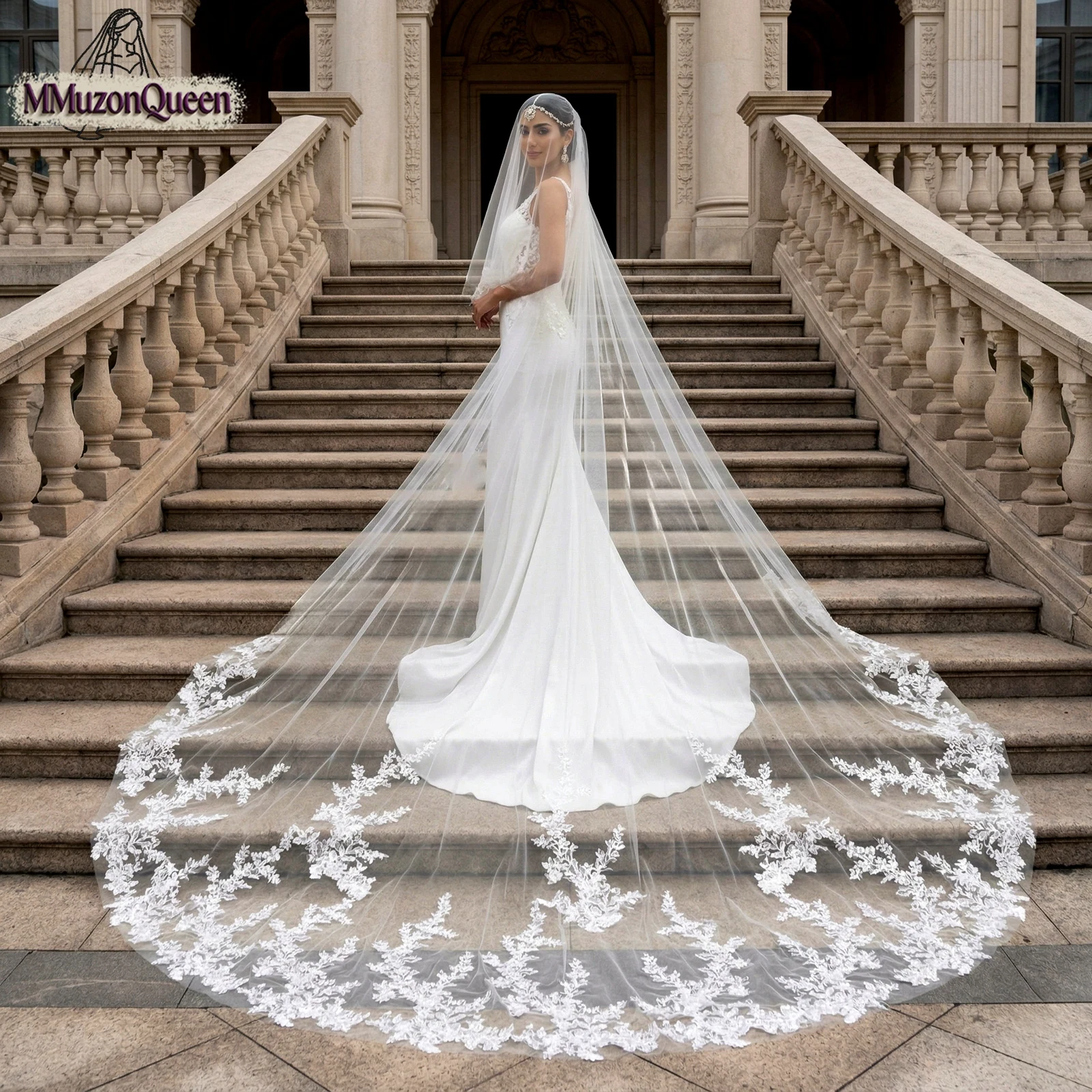 

Свадебная фата TOPQUEEN Velo De Novias, очень длинная, королевская, с кружевными аппликациями цвета румян, струящаяся фата с кружевной отделкой V94