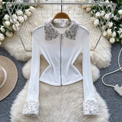 Elegant Turn-down Collar Vintage Long Sleeve Chic Zipper Slim Plush Fur Spliced Knit High Street Streetwear Autumn Winter Top