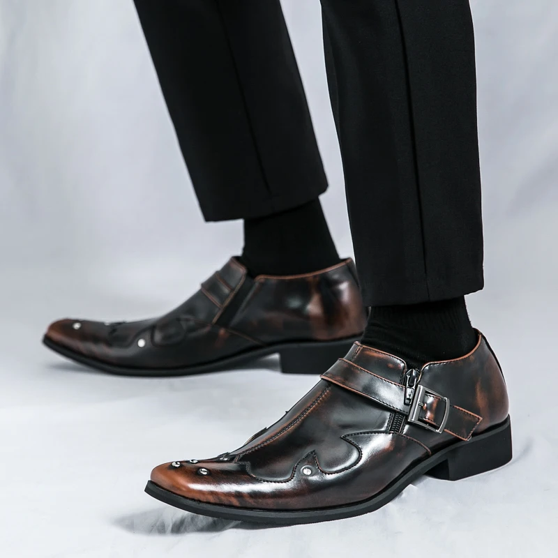 New Pointy English Leather Shoes Low Top Suit Formal Men's Business Chelsea Shoes Men Bright Buckle Wipe Color Leather