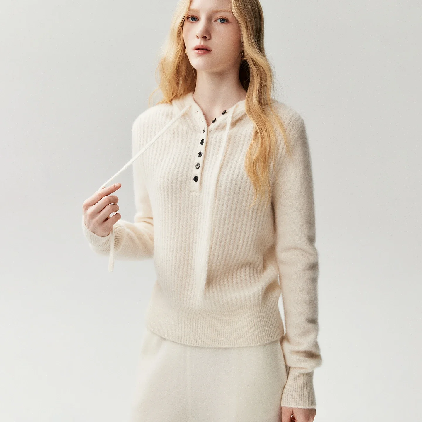 Women's Hooded Pullover 100% Cashmere Sweatser Autumn Winter Clothes Elasticity Vertical Strip Half Buckle Drawstring Thick Knit