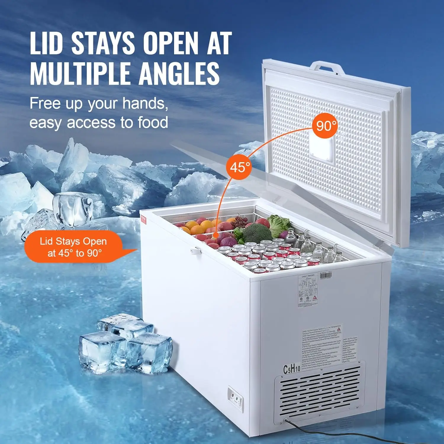 12.8 Cu.ft / 345 L Large Deep Freezer & 4 Removable Baskets, W/ Locking Lid, 7-Level Adjustable Temp, LED Lighting, 6 Wheels