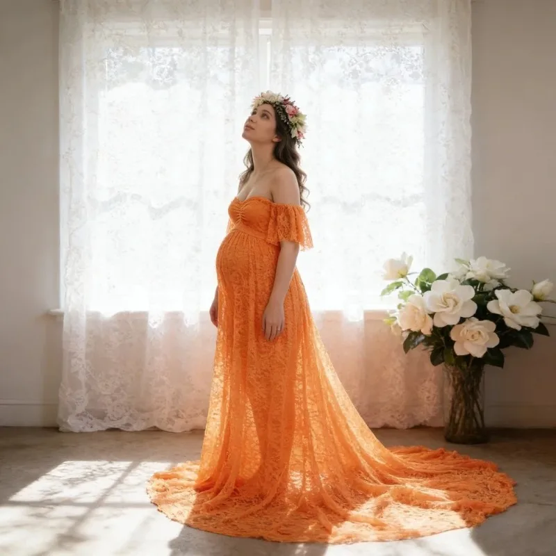 Elegant Lace Maternity Dress with Short Sleeves and Trailing Skirt for Photography