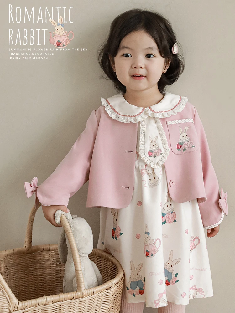 Girls' Clothes Children's Fashion High Waist Dress Autumn Bow Coat Baby Cute Printing Sets Fashion