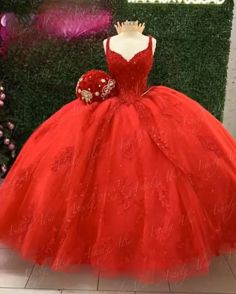 Vestido De fiesta De cumpleaños para mujer, elegante con traje rojo Apliques De encaje, escote en V, longitud hasta el suelo, quinceañera, 2024