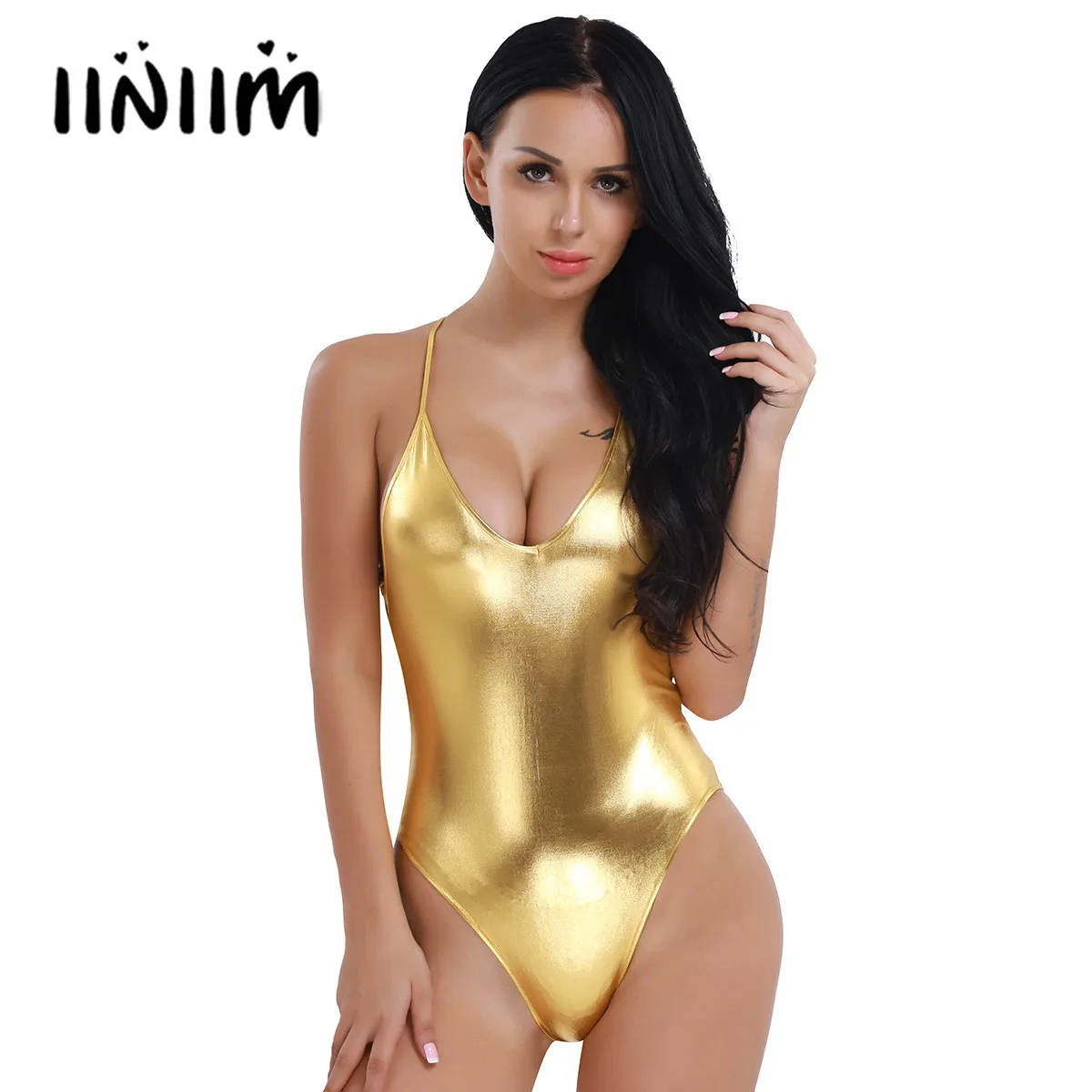 Body para mujer, Tops de charol, lencería Sexy para mujer, escote en V profundo, Tanga de una pieza, Monokini, ceñido al cuerpo, leotardo de baile,