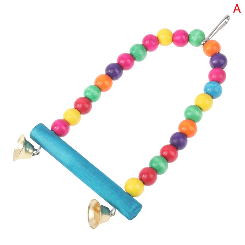 New 1PC Natural Wooden Parrots Swing Toy Birds Colorful Beads Bird Supplies Bells Toys Perch Hanging Swings Cage for Pets