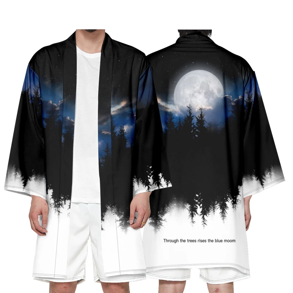 Men's Japanese Long Kimono Cardigan Boys Samurai Costume Kimono Forest Moon Pattern Kimono Shirt Yukata Outer Cover