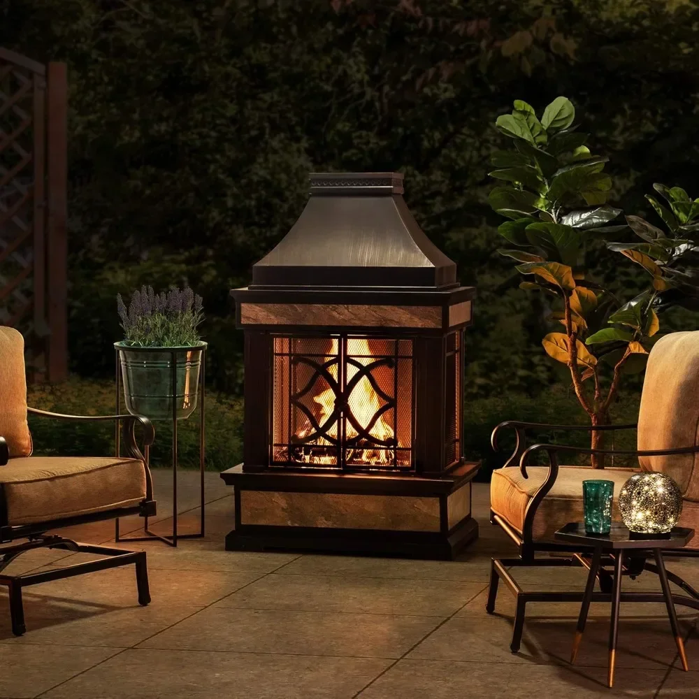 Outdoor Fireplace, Heirloom Patio Wood Burning Steel Fireplace with Chimney, Spark Screen, Fire Poker, and Removable Grate