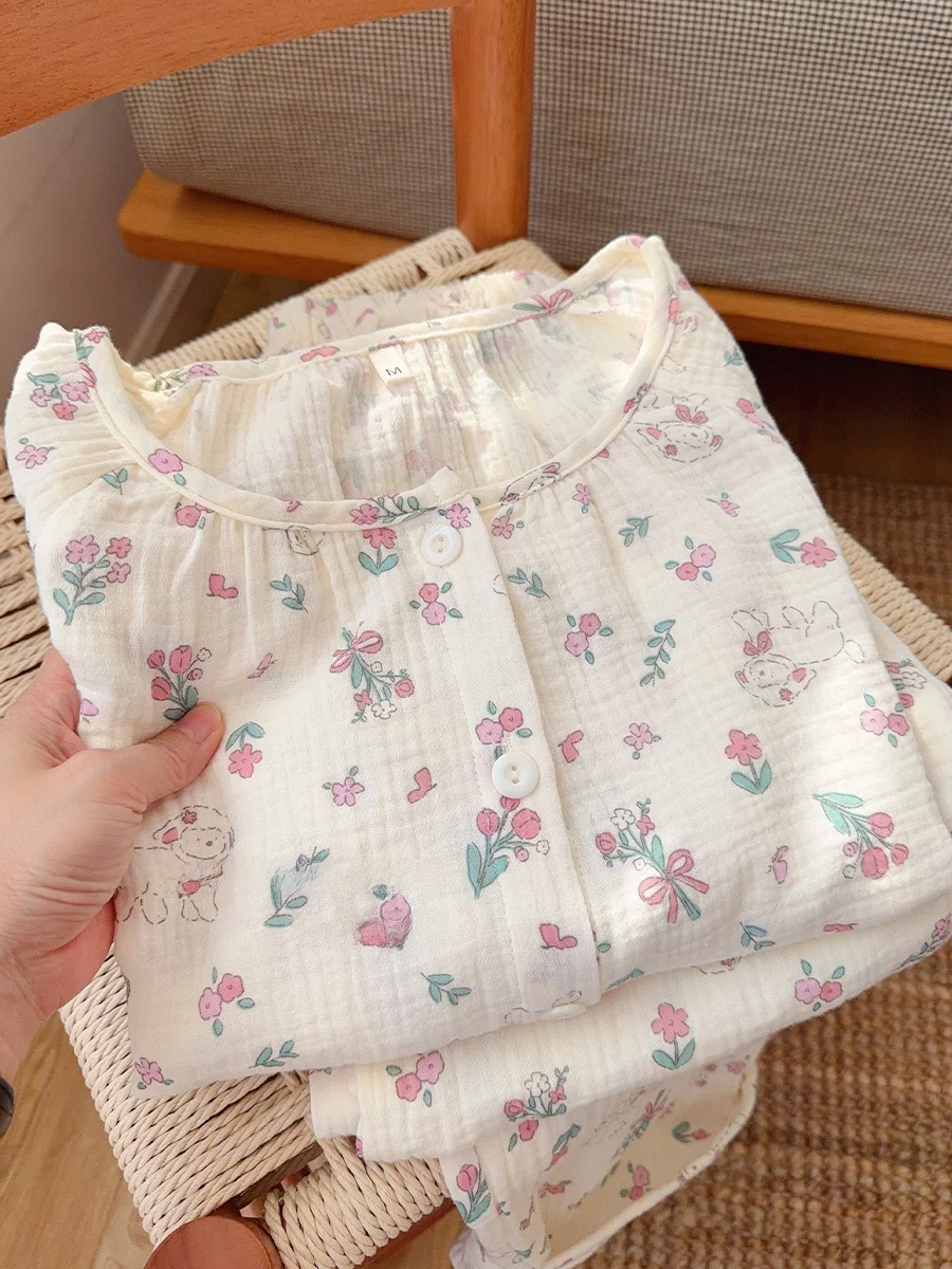 

Floral Rabbit Print Cotton Pajamas Set for Women Long Sve Long Pants Home Clothes Soft Waed Crt Loose Fit Home Sle