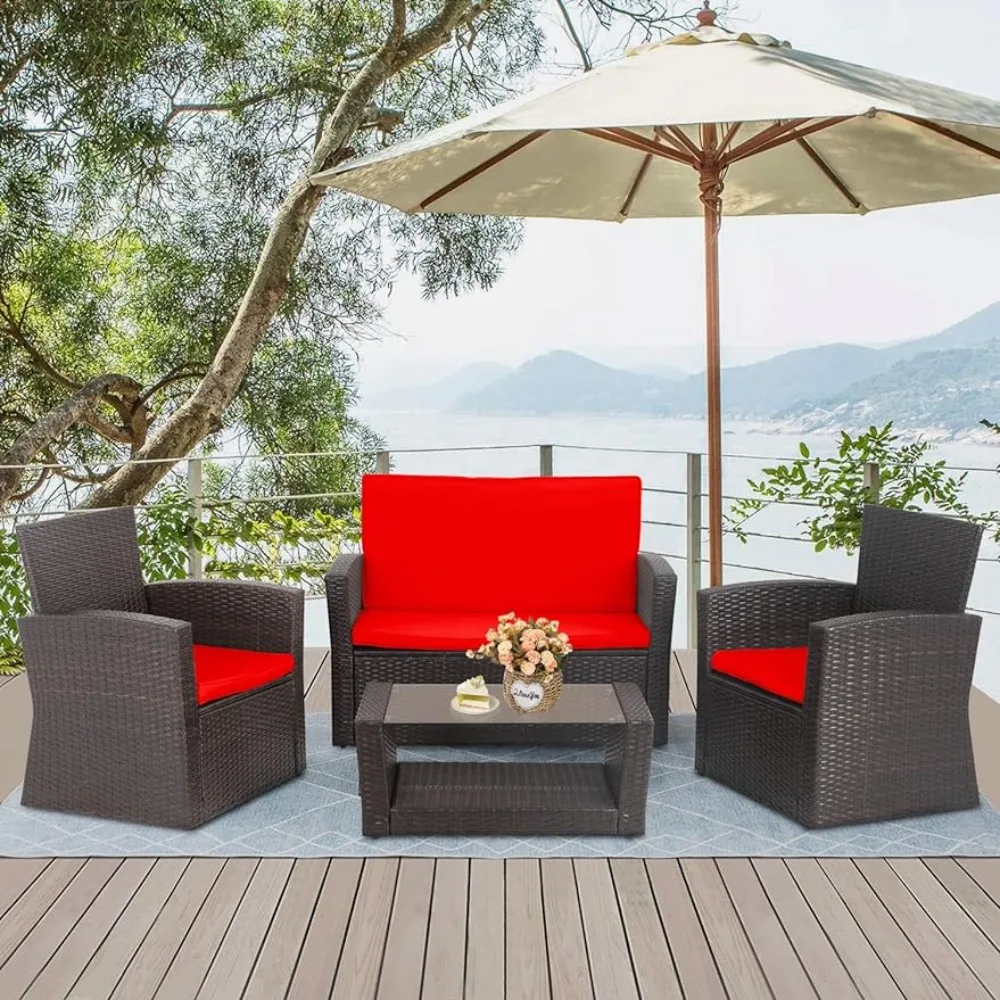 

4 Pieces Patio Set, Outdoor PE Rattan Wicker Sofa Furniture Set with Soft Cushions and Glass Coffee Table ,Red Freight free