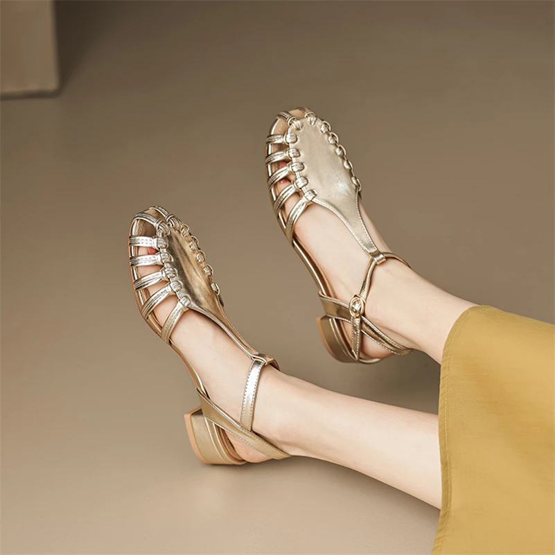 Meotina Women Genuine Leather Gladiator Sandals Round Toe Thick Low Heels Buckle T-Tied Ladies Fashion Shoes Summer Silver 40