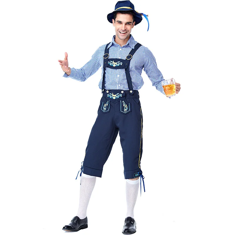 

Bavarian Shorts Costume Men Adult Beer Festival Suit Traditional Oktoberfest Clothing Set Include Feather Hat Blue Shirt Shorts