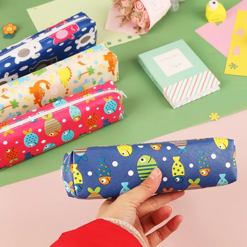 Cartoon PU Leather Pencil Pouch for Students Animal Print Zipper Durable Multi-Purpose Pen Bag for School Children's Gift