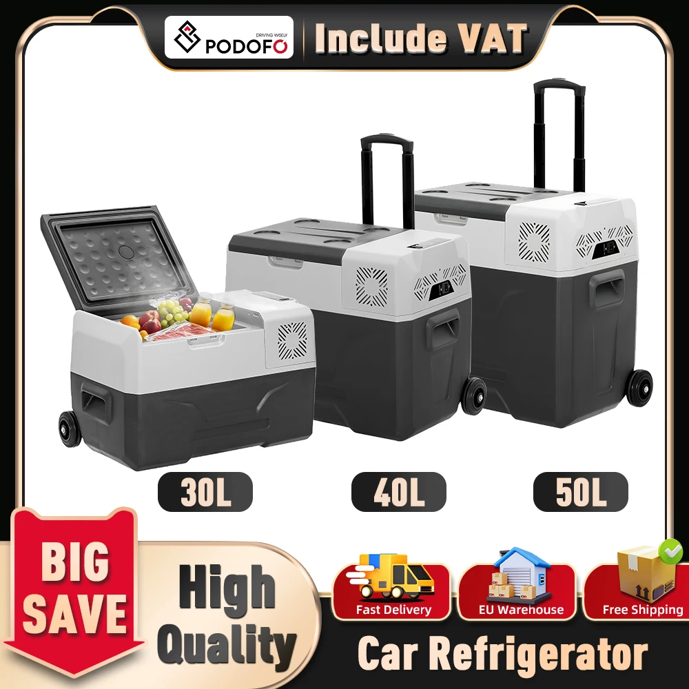 Podofo 30L 40L 50L Tragbarer Auto-Kühlschrank Kleiner Kühlschrank Gefrierschrank LED-Display Kompressor-Kühler Eisbox für Camping Picknick