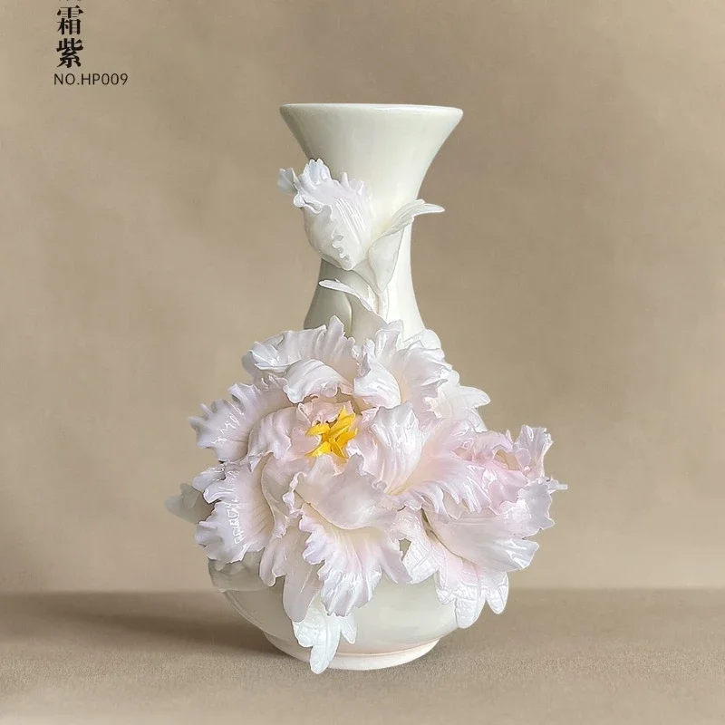 Intangible Cultural Heritage Handmade Pinch Flower Ceramic Lilac Peony Vase Gift Mid-Autumn Festival Gift