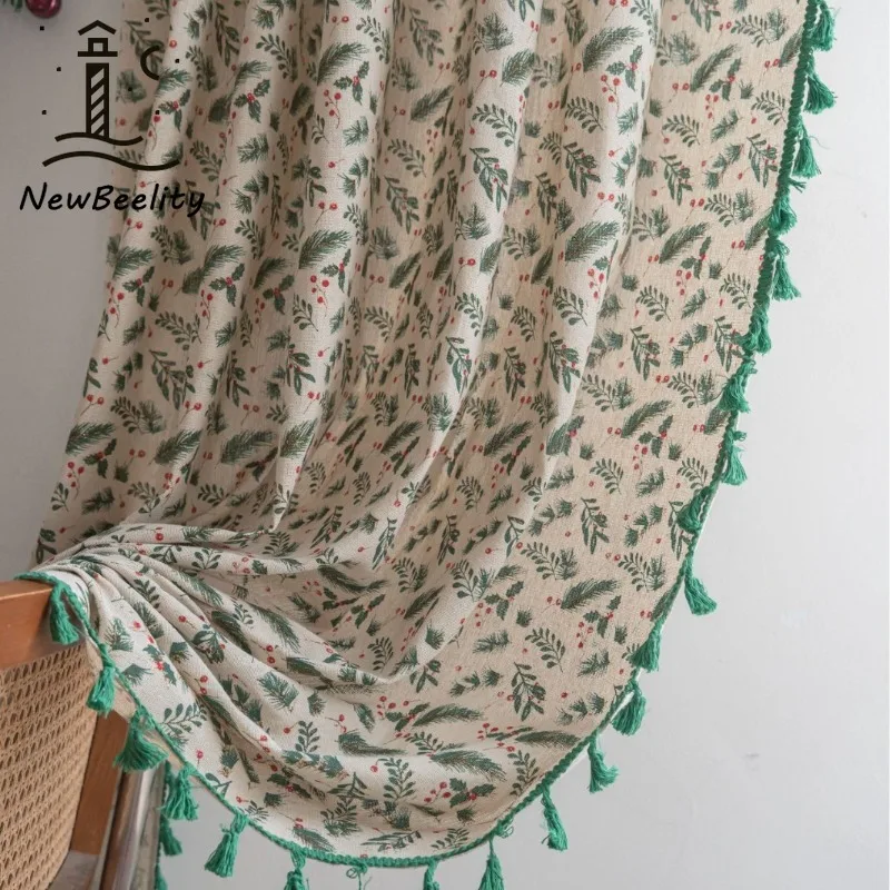 Christmas Green Gold-plated Leaves Curtains for Living Dining Room Bedroom Kitchen Curtain Semi-blacked Bay Window Balcony Decor