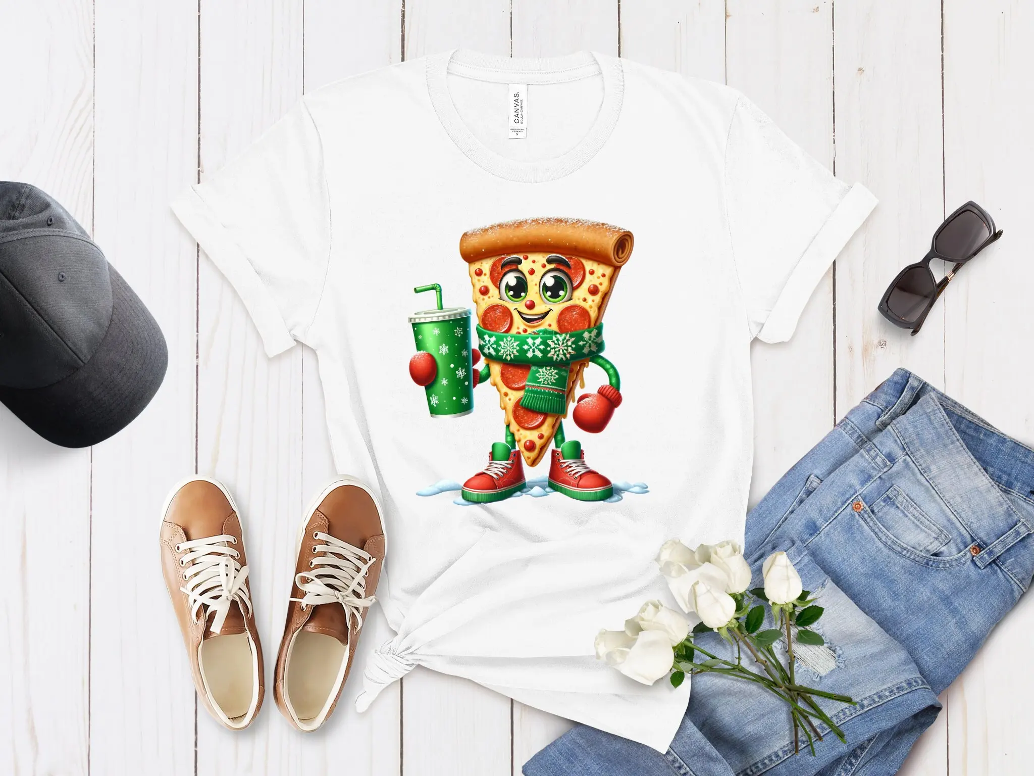 Unique Christmas Pizza Slice Character T Shirt DTG PrinT Scarf Gloves Coffee Cup Design Comfy Holiday Wear Top