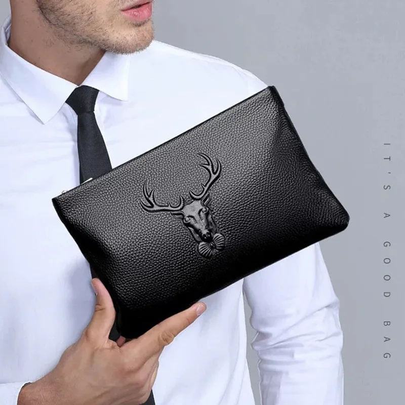 

Men's New Clutch Bag Leather High Capacity Zipper Embossed Envelope Bag