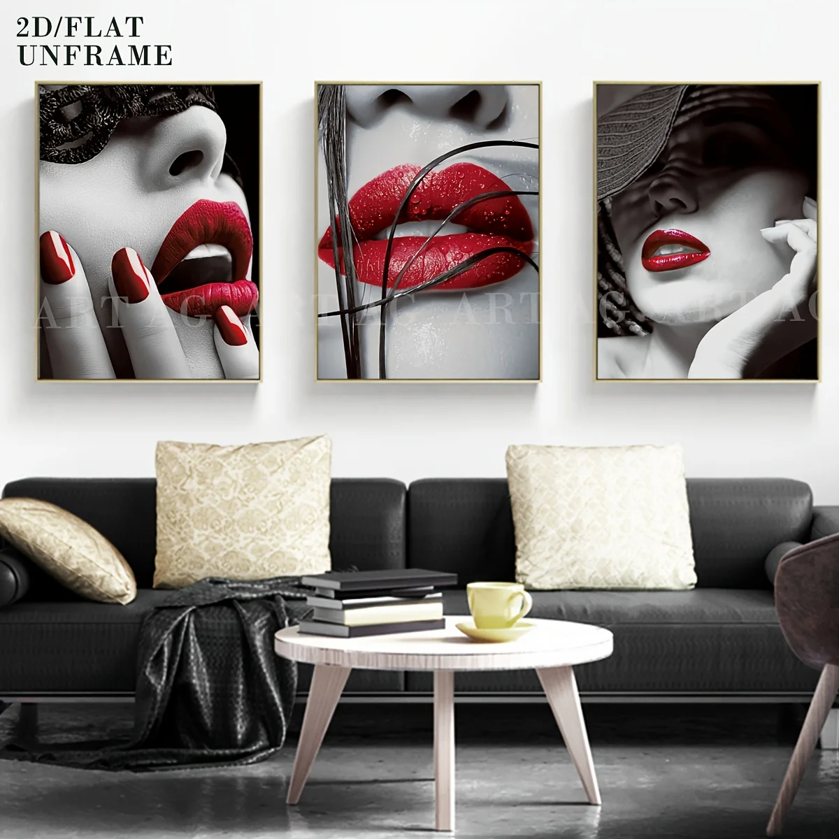 3 fashionable women's decorative posters, black and white style gorgeous red lip art decoration, suitable for living room, dinin