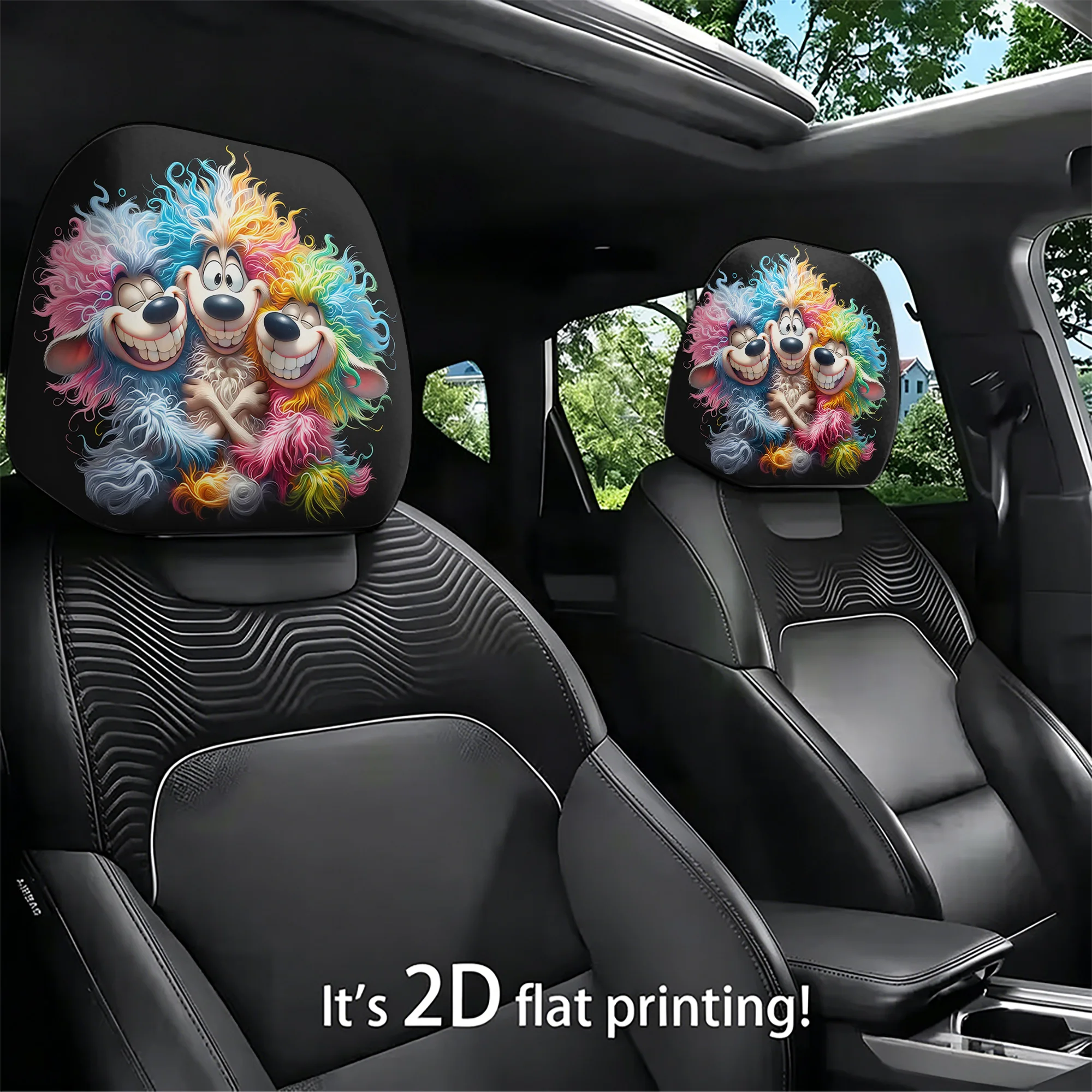 2pcs colorful cartoon Poodle car headrest covers to add fun and vibrancy to your car. Does not include filling. Easy to install.