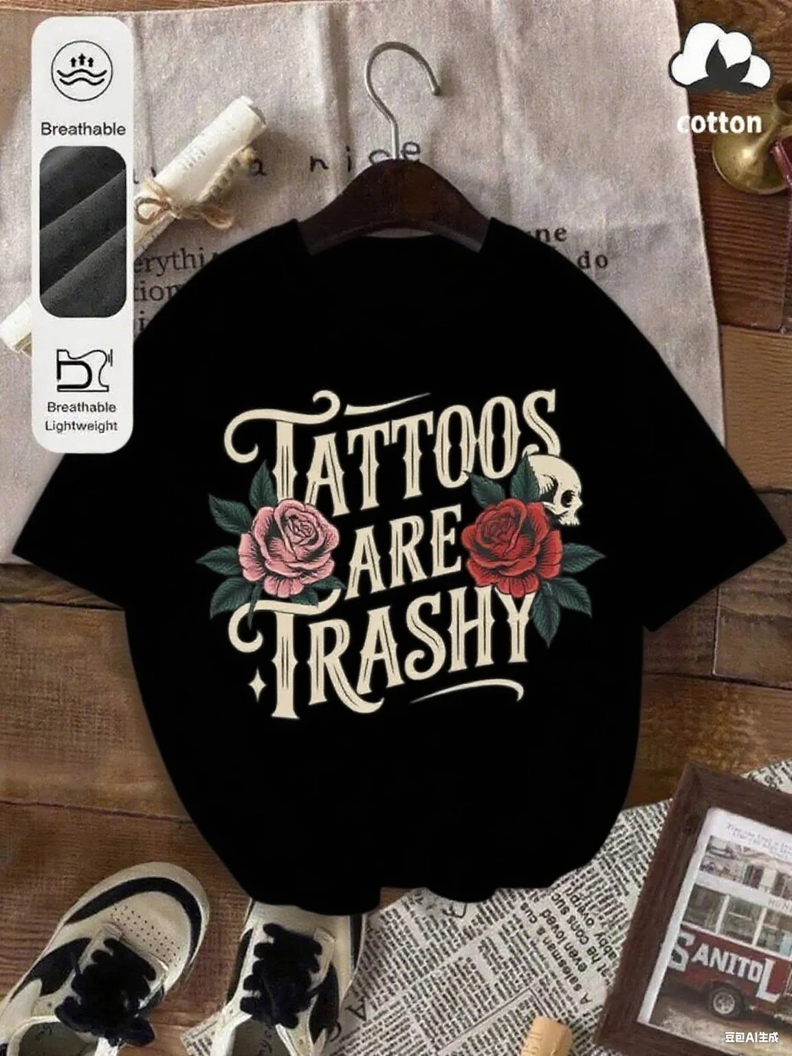 

Роза, череп и татуировка - вдохновленный слоганом и принтом из чистого хлопка, высококачественный летний новый принт с короткими рукавами, свободный и универсальный