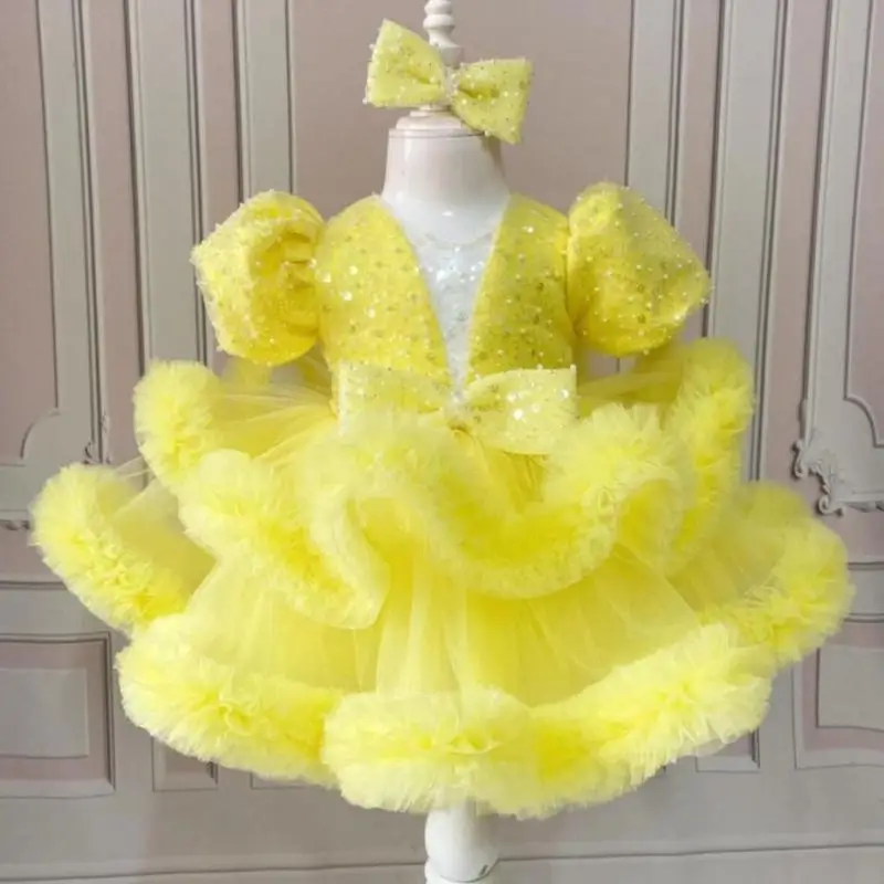 

2024 Solid Bubble Sleeves Princess Dress Holidays Party Dresses for Girl Sequins Baby Girls Clothes First Communion for Teenager