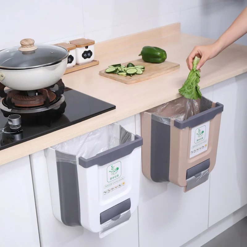 Kitchen Garbage Bin Foldable Wall Mounted Cabinet Door Dedicated Home Hanging Kitchen Waste Bin Bathroom Paper Basket