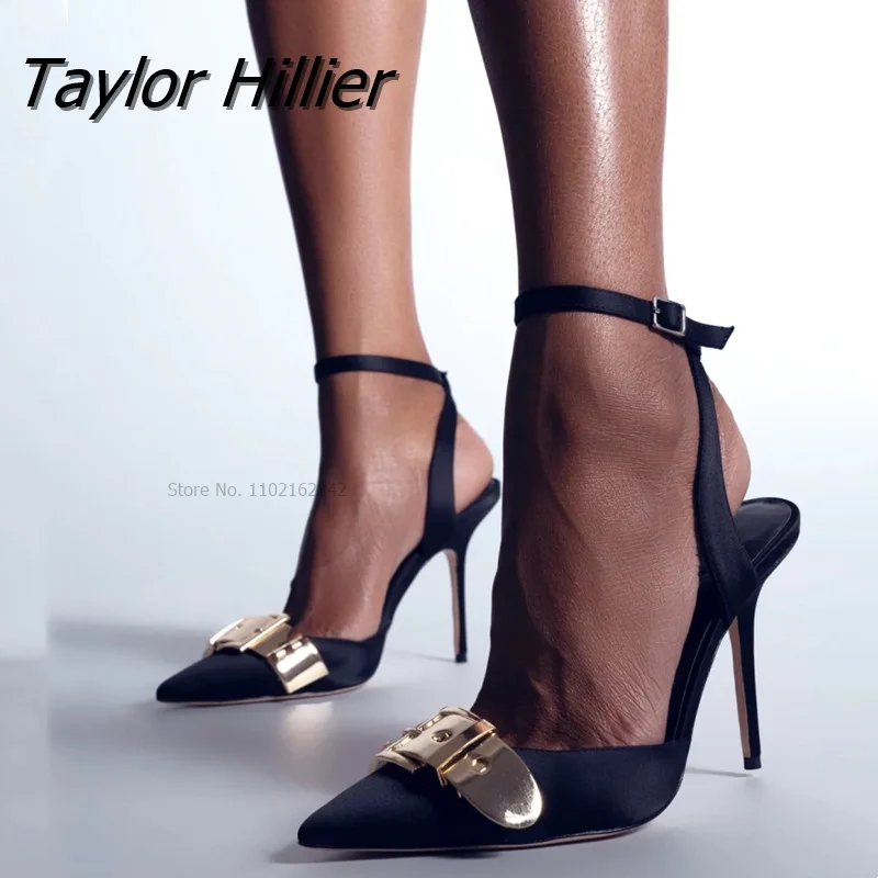 

Black Metal Decorative Pumps Women'S Shoes Pointed Toe Satin Belt Buckle Pumps Sandals Sexy Plus Size 43 Women'S Sandals