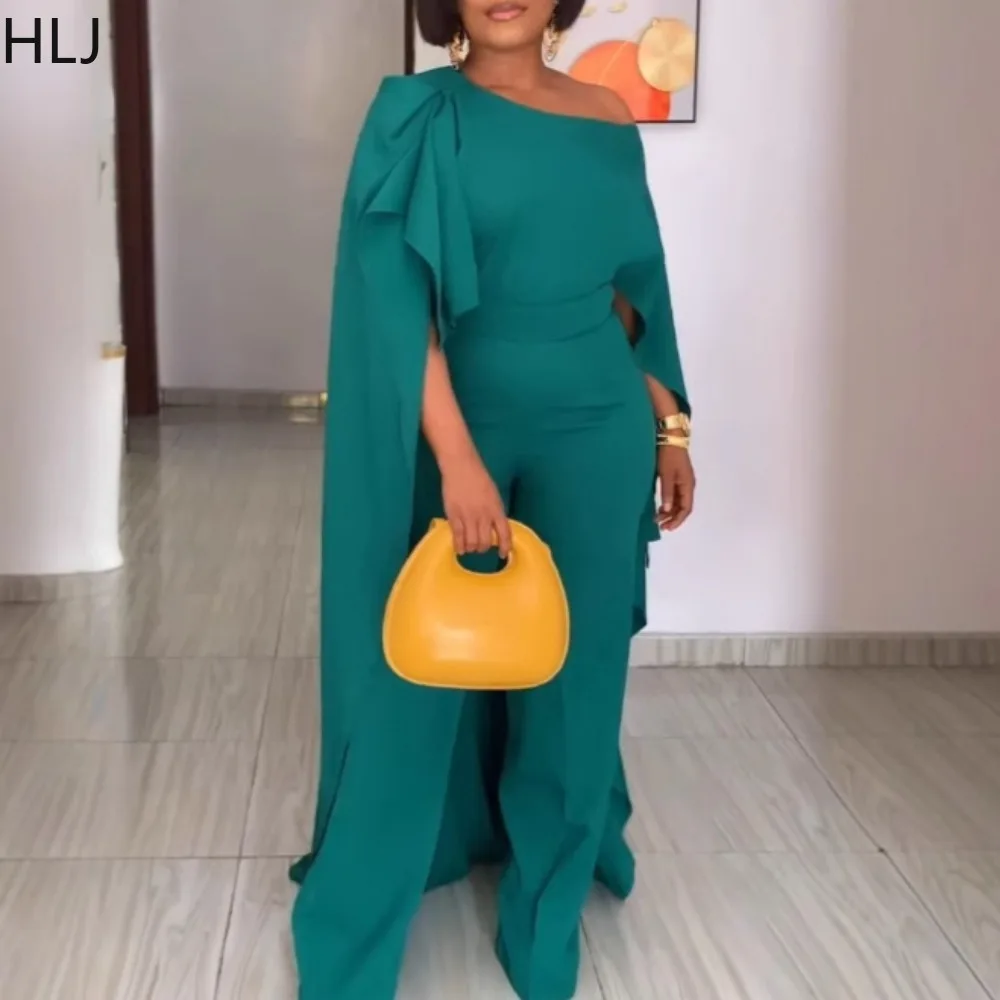 

HLJ Green Elegant Lady One Shoulder Long Sleeve Cloak One Piece Jumpsuits Women Solid Color Wide Leg Pants Playsuits 2025 New