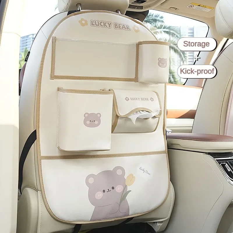 Cute Cartoon Car Seat Back Storage Bag Bear Bunny Multifunctional Car Back Seat Anti-Dirty Anti-Kick Storage Pad Car Accessories