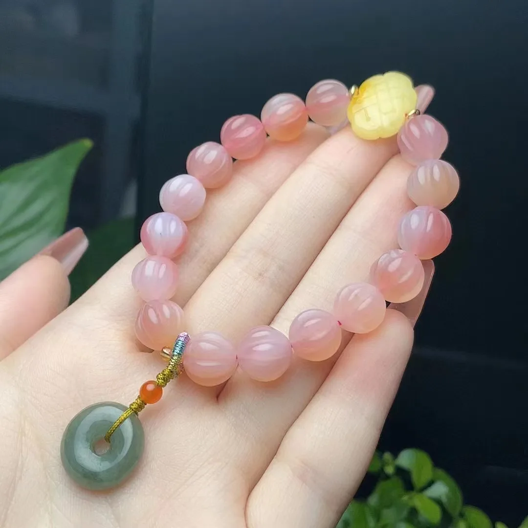 

Natural 100% real pink agate jade beads Carve Pumpkin Beads jade bracelets for couples woman men Gift with jade bracelet