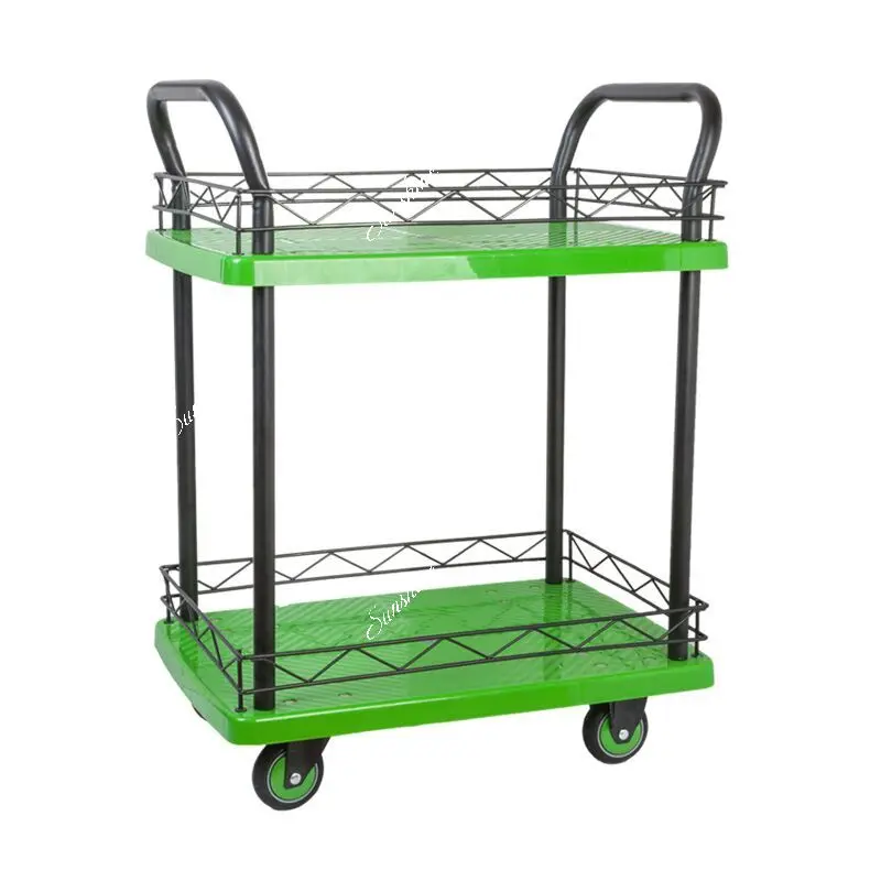 Double-layer trolley, three-layer plastic plate with guardrail, multi-functional laboratory, easy to push