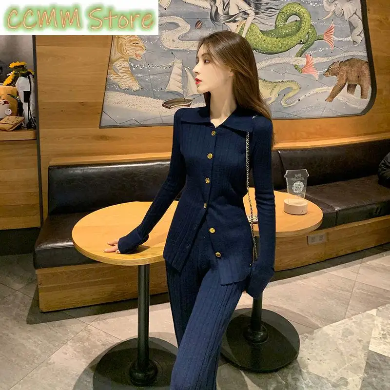 New Women's Spring Temperament Lapel Single-breasted High-grade Retro Sweater Wide-leg Pants Two-piece Set