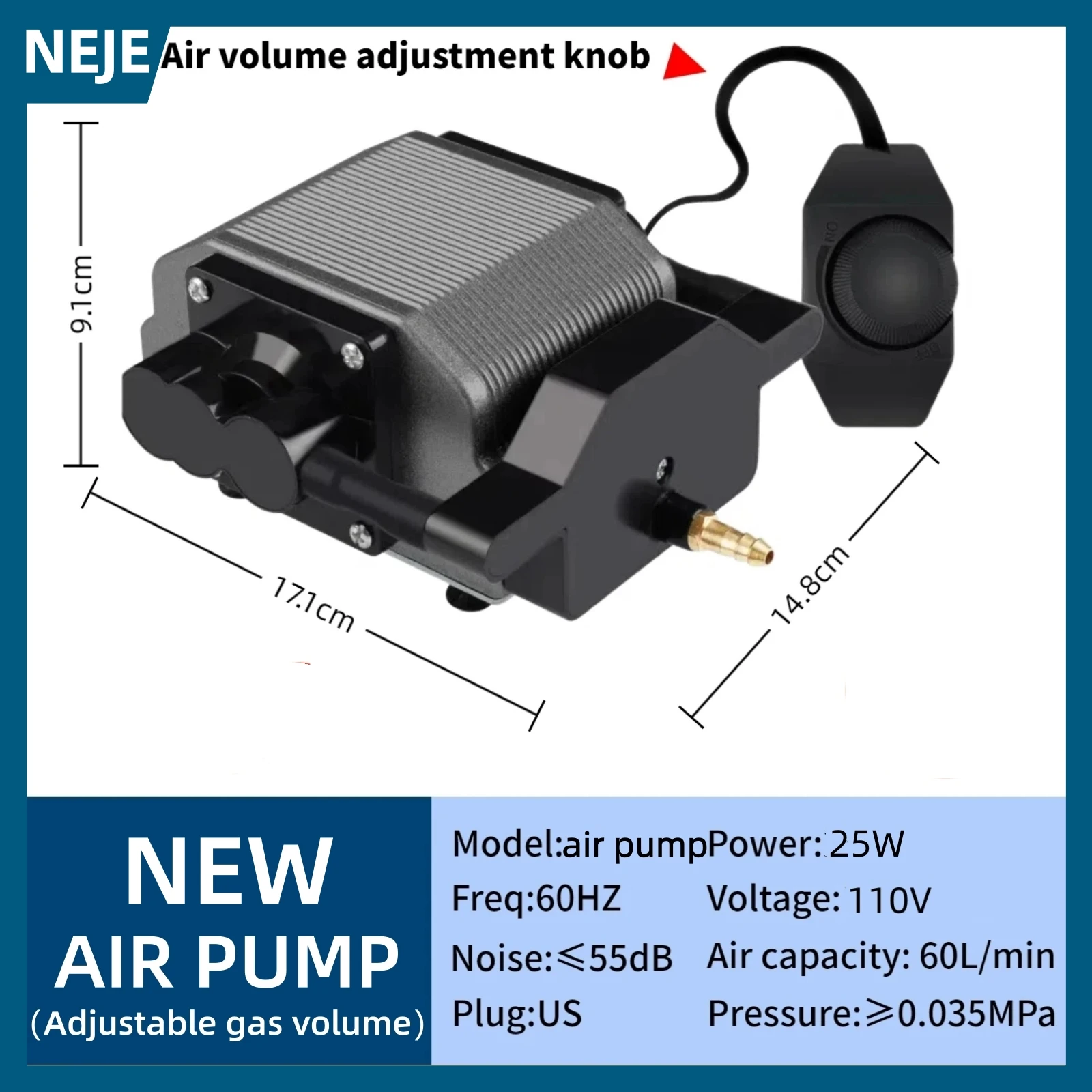 Compresseur d'air NEJE 25W 110V avec pompe d'assistance à l'air et débit de 60L/min pour toutes les marques de machines de gravure laser CNC, faible niveau sonore