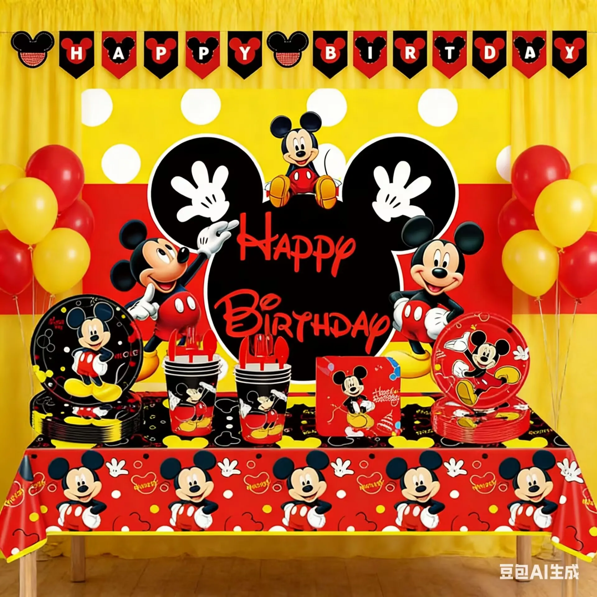 Décorations de fête d'anniversaire Mickey MouBoy : assiettes en papier, gobelets, serviettes, nappes, ballons pour enfants et baby shower