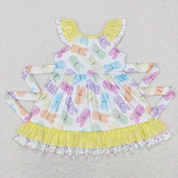 Wholesale Children Infant Toddler Spring Ruffle Clothes Baby Girl Knee Length Colorful Dress Kid Easter Rabbit Buttons One Piece