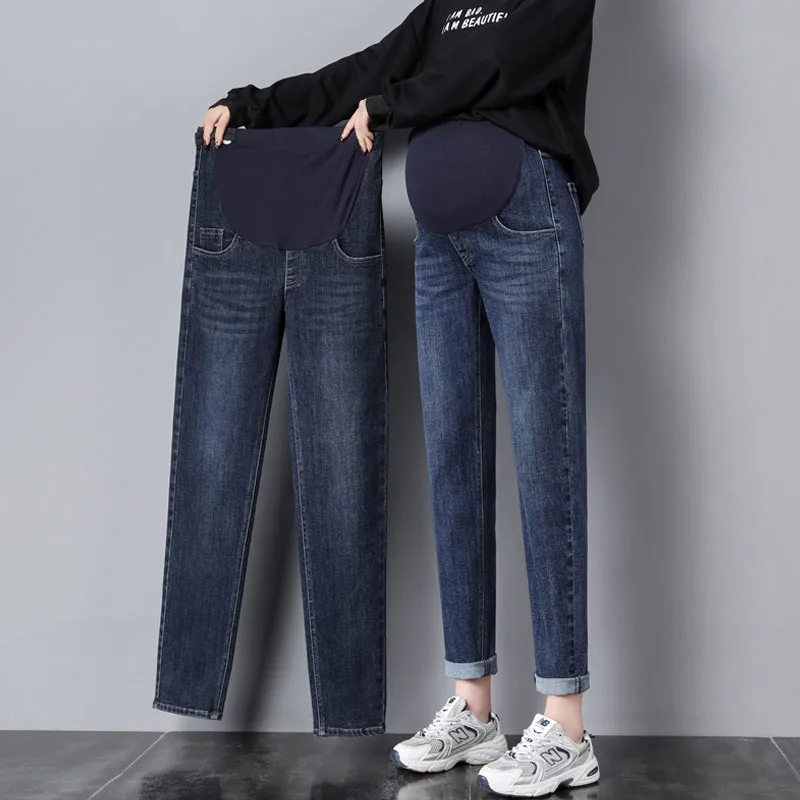 Jeans de perna reta maternidade com barriga, primavera e outono