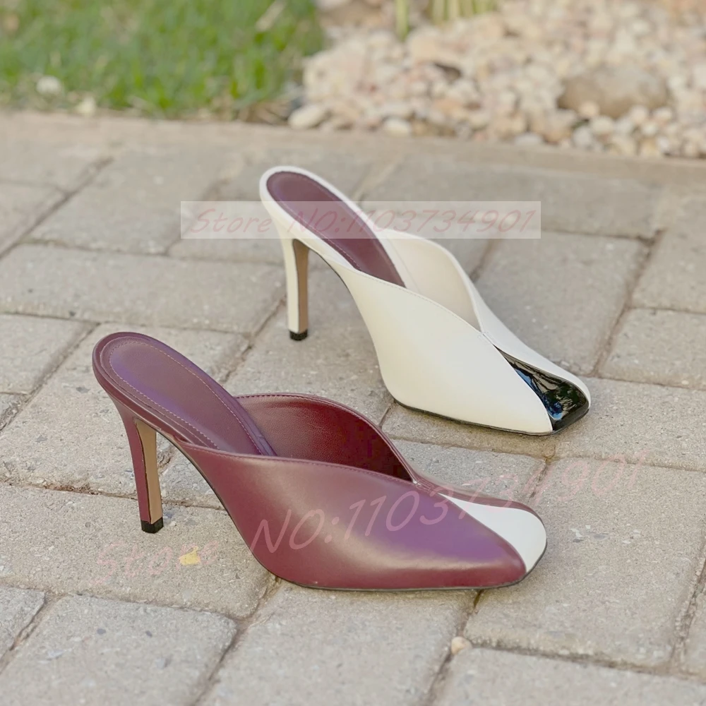 Two-Tone Patchwork Cap Closed Toe Mules Women Square Toe Pull On Leather High Heels Mules Casual Dress Shoes
