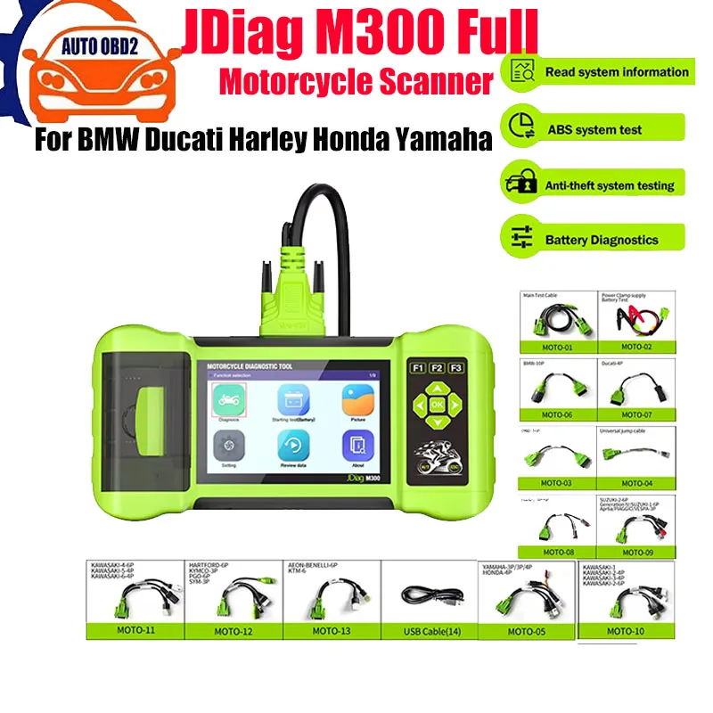 

JDiag M300 Motorcycle Diagnostic Scanner Handheld Tester Helps the Technician to Diagnose Problems and Make Repairs Faster