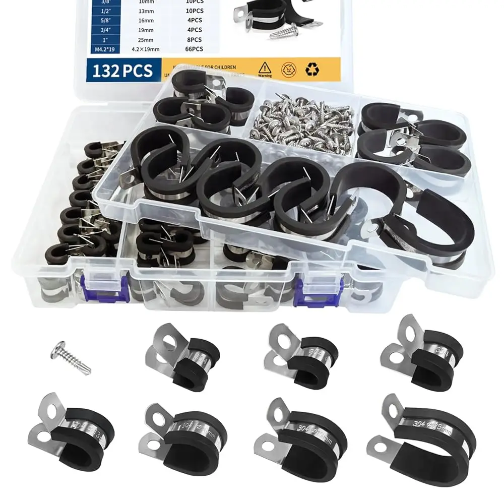 

132Pcs Cable Clamps Assortment Kit, 7 Sizes Stainless Steel Pipe Clamps, Rubber Cushion Hose Clamp 1/4” 5/16” 3/8” 1/2” 5/8”