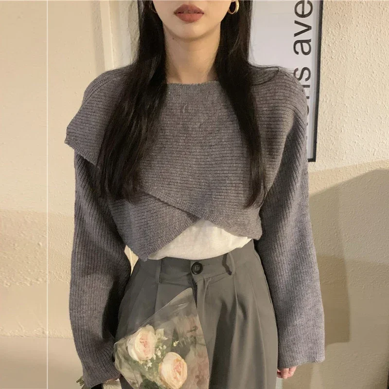 Cropped Cross Irregular Streetwear Sweater Women Sweater Autumn Winter Knitted Y2K Tops Long Sleeve Pullovers Sweater Pull 22933