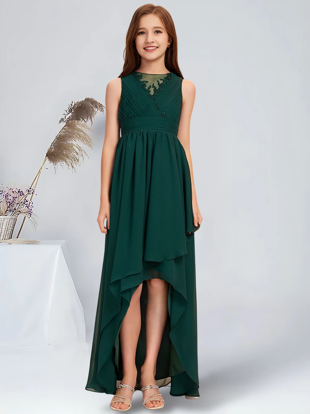 Elegantes A-Linie U-Ausschnitt-Spitze-Kleid für junge Brautjungfern, dunkelgrünes Blumenmädchenkleid für Hochzeit, Party, Kommunion, formelles Kleid für Mädchen ​