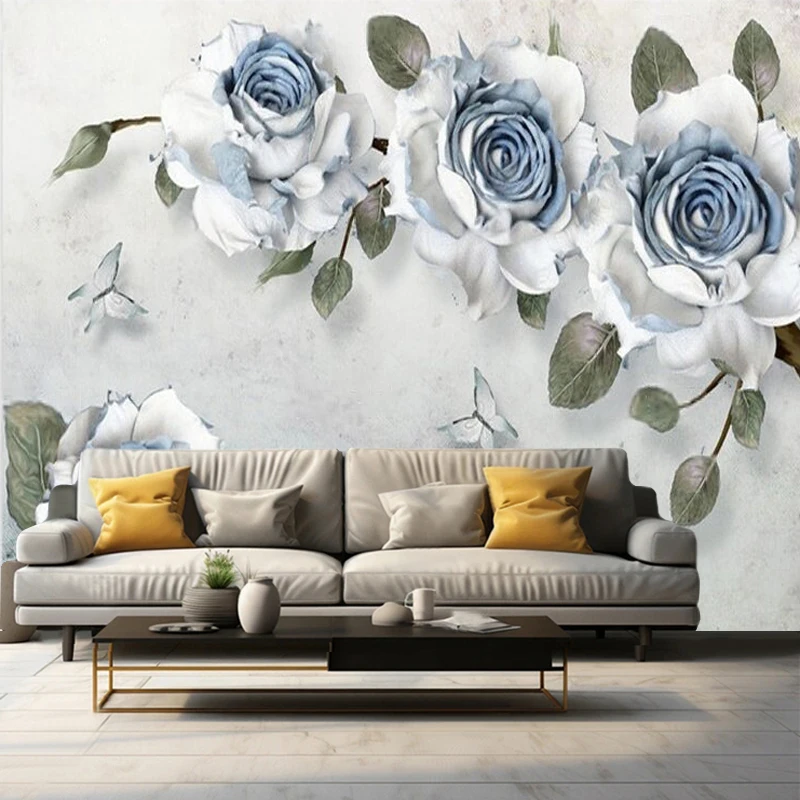 Modern minimalist blue rose flower branch butterfly relief custom wall sticker poster wallpaper-pastoral flower sea rural scener