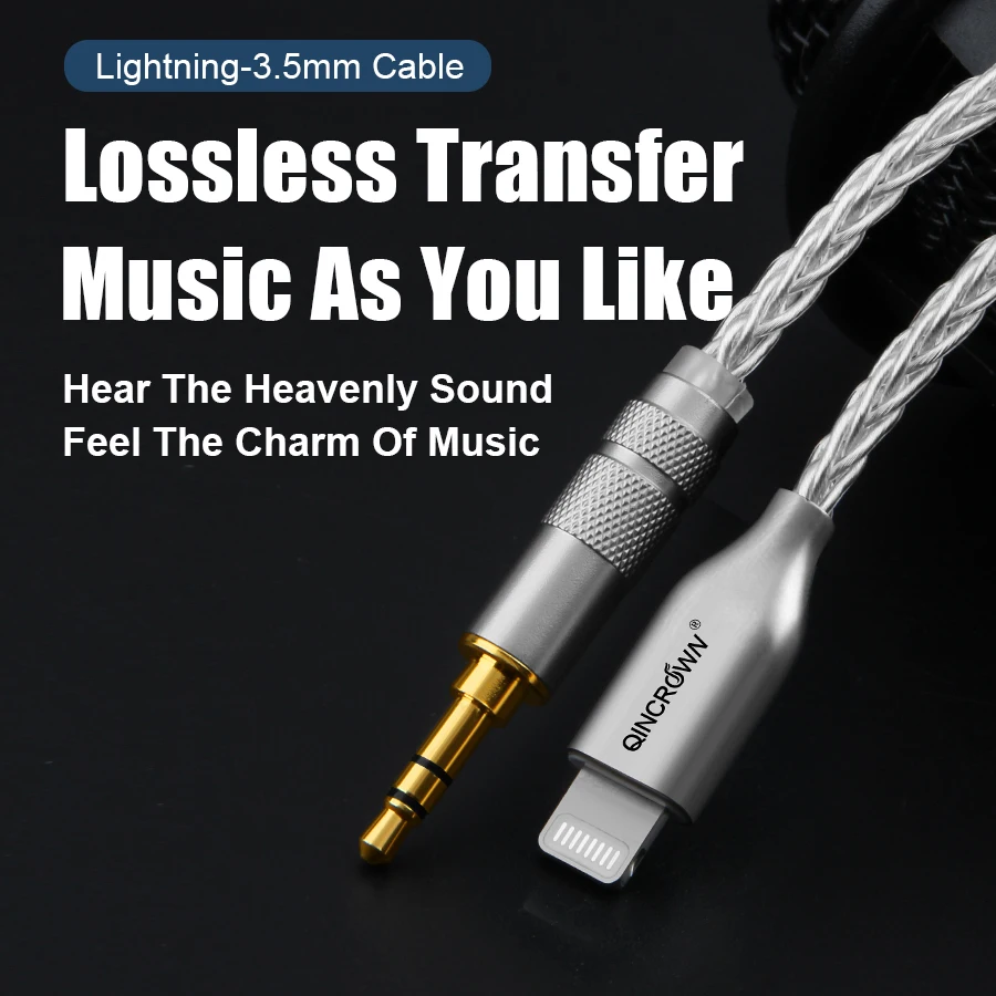 QINCROWN 8 Strand Pure Silver Lightning to 3.5mm Male Cable, HiFi Audiophile for iPhone iPad Headphone Portable Audio Gear