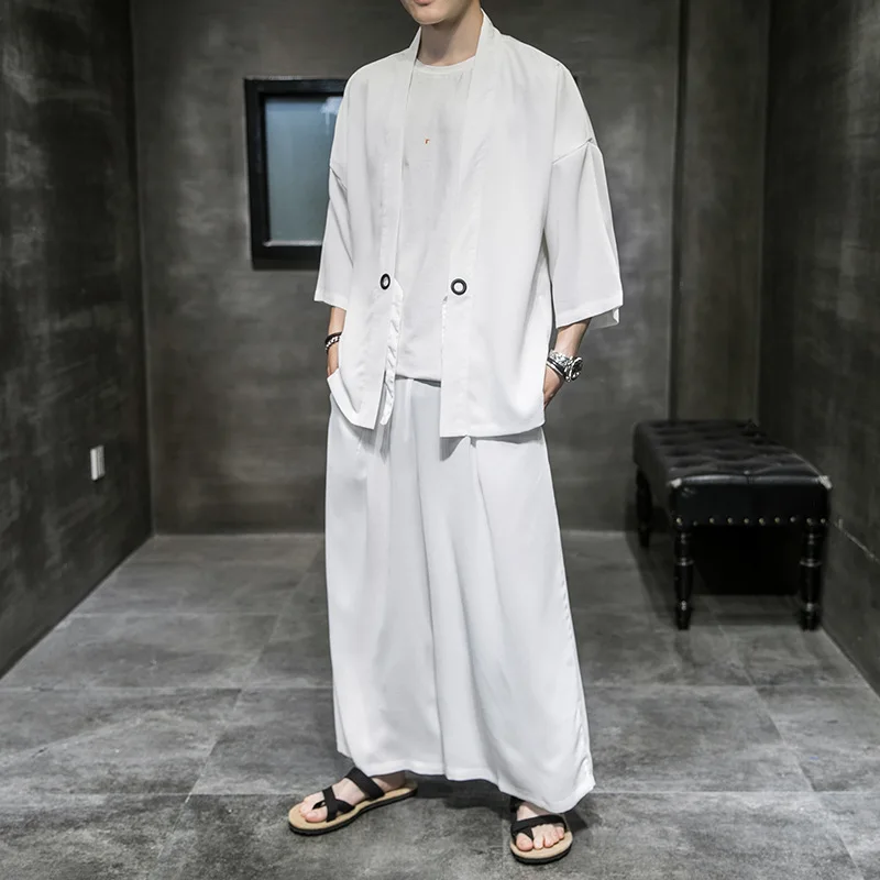 Summer Thin Kimono Set Traditional Japanese Samurai Costumes Oversized Haori Yukata Streetwear Loose Cardigan Pants Two-Piece