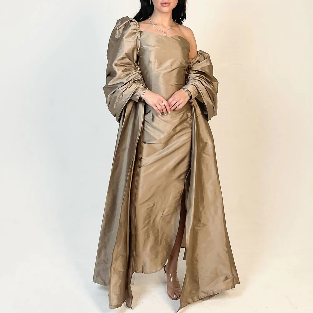 

High Quality Satin Straight Evening Dress Delicate Floor Length Strapless Long Sleeves فساتين سهره نسائيه فخمة