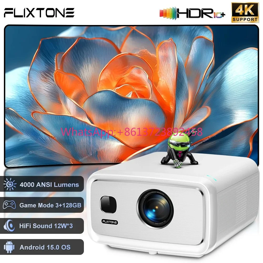 FlixTone D10S 4000 ANSI Full HD 1080P Projector for Movies, Android 15 WiFi 6 Beam Projector for Home Cinema, Outdoor Projectors